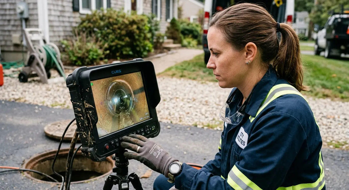 Technician reviewing sewer camera inspection footage in South Riding