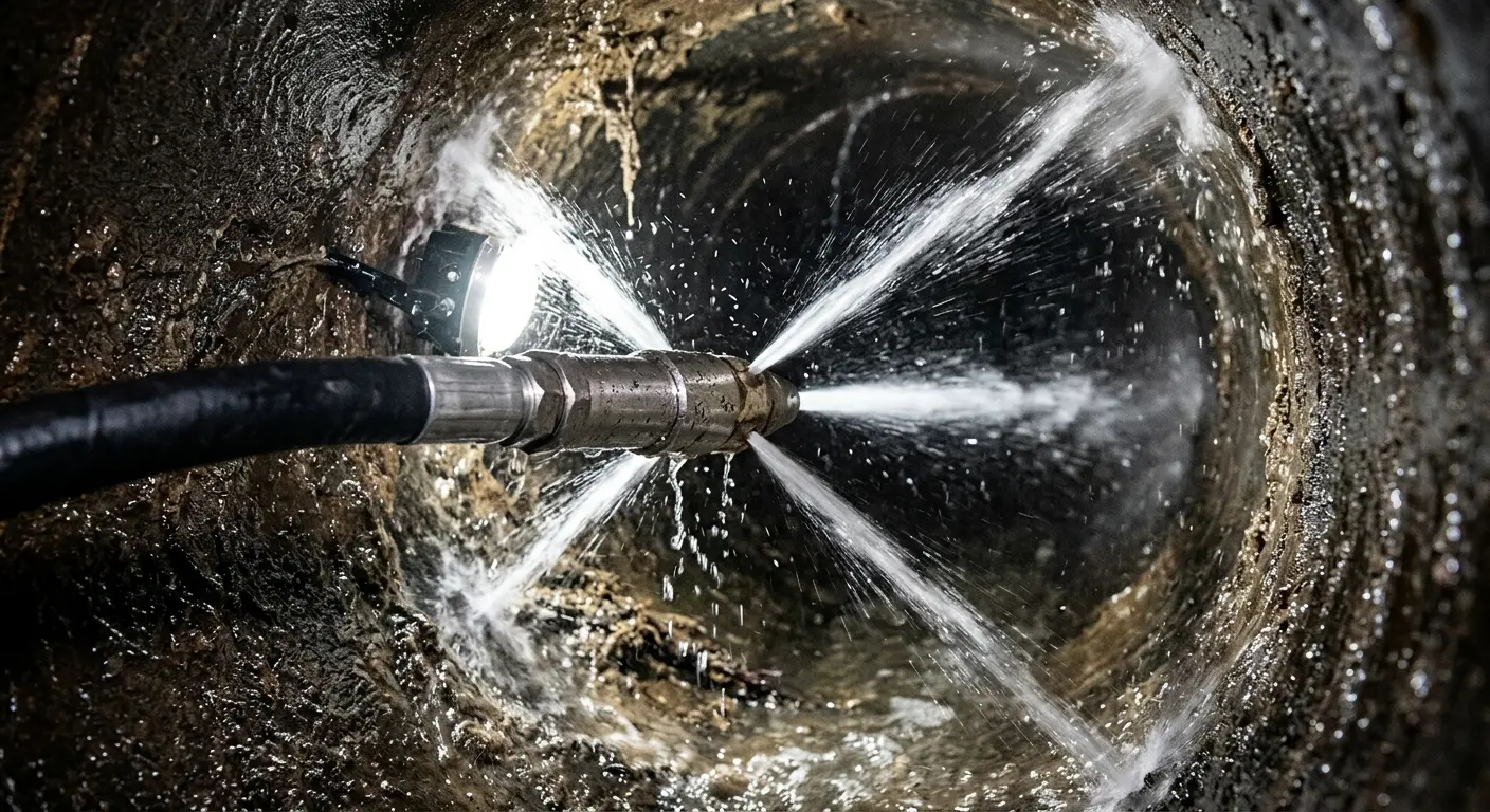 High-pressure hydro jetting nozzle cleaning sewer pipe for Sewer Line Relining in South Riding