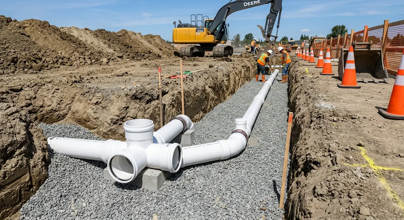 New PVC sewer pipe installation in open trench for Sewer Backup in South Riding